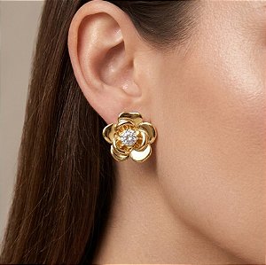 BRINCO FLOR COM PEDRA ZIRCÔNIA DOURADO AÇO 316L⭐️
