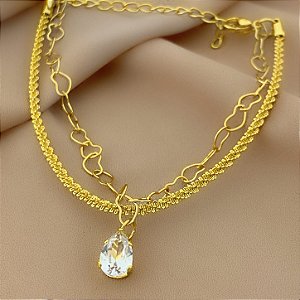 PULSEIRA CORRENTE DUPLA CORAÇÕES PINGENTE GOTA ZIRCÔNIA DOURADO AÇO 316L⭐️
