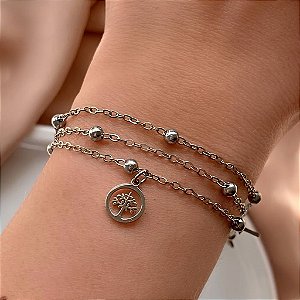 PULSEIRA CORRENTE TRIPLA BOLINHAS E ÁRVORE DA VIDA AÇO 316L⭐️