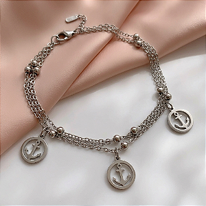 PULSEIRA CORRENTE TRIPLA BOLINHAS E ÂNCORA AÇO 316L⭐️