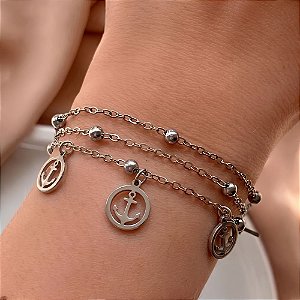 PULSEIRA CORRENTE TRIPLA BOLINHAS E ÂNCORA AÇO 316L⭐️