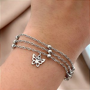 PULSEIRA CORRENTE TRIPLA BOLINHAS E BORBOLETAS AÇO 316L⭐️