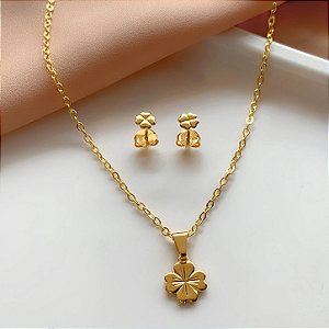 COLAR BRINCO KIT INFANTIL TREVINHO FOLHEADO A OURO 18K⭐️
