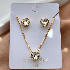 CONJUNTO COLAR E BRINCO CORAÇÃO COM PEDRA DOURADO AÇO 316L⭐️