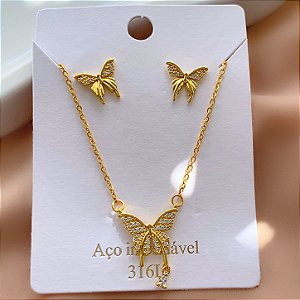 CONJUNTO COLAR E BRINCO BORBOLETA MINI ZIRCÔNIAS DOURADO AÇO 316L⭐️