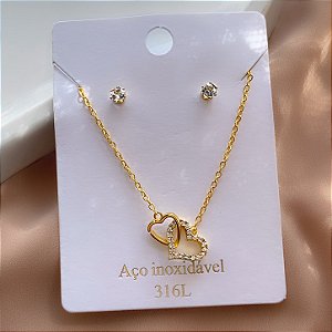CONJUNTO COLAR E BRINCO CORAÇÕES ENTRELAÇADOS ZIRCÔNIAS DOURADO AÇO 316L⭐️