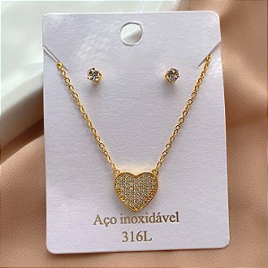 CONJUNTO COLAR E BRINCO CORAÇÃO CRAVEJADO MINI ZIRCÔNIAS DOURADO AÇO 316L⭐️