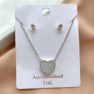 CONJUNTO COLAR E BRINCO CORAÇÃO CRAVEJADO MINI ZIRCÔNIAS AÇO 316L⭐️