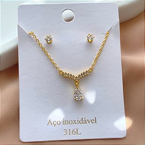 CONJUNTO COLAR E BRINCO GOTA PEDRA ZIRCÔNIA DOURADO AÇO 316L⭐️