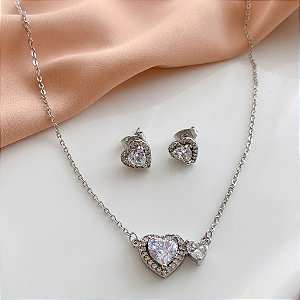 CONJUNTO COLAR E BRINCO CORAÇÃO DUPLO PEDRA ZIRCÔNIA AÇO 316L⭐️