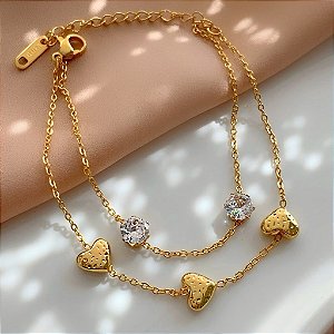 PULSEIRA CORRENTE DUPLA CORAÇÕES E ZIRCÔNIAS DOURADO AÇO 316L⭐️