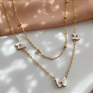 COLAR DUPLO BOLINHAS E BORBOLETAS MADREPÉROLA DOURADO AÇO 316L⭐️