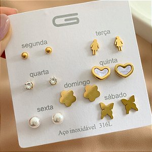 BRINCO KIT SEMANINHA CORAÇÃO MADREPÉROLA DOURADO AÇO 316L⭐️