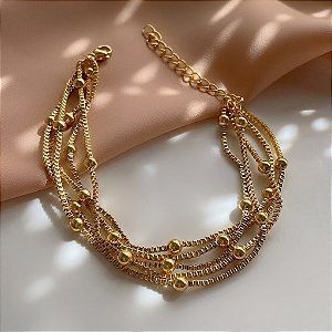 PULSEIRA 5 CORRENTES BOLINHAS DOURADO AÇO 316L⭐️