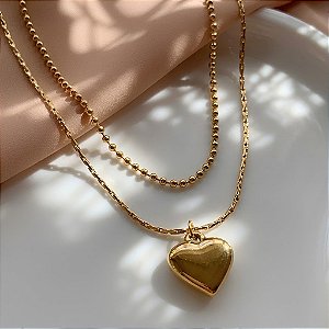 COLAR DUPLO CORRENTE BOLINHAS PINGENTE CORAÇÃO DOURADO AÇO 316L⭐️