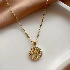 COLAR LONGO PINGENTE ÁRVORE DA VIDA MINI ZIRCÔNIA DOURADO AÇO 316L⭐️