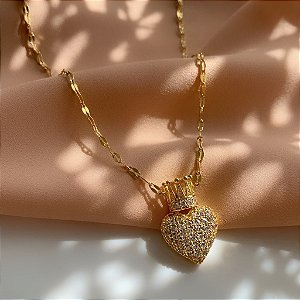 COLAR LONGO PINGENTE CORAÇÃO IMPERIAL MINI ZIRCÔNIA DOURADO AÇO 316L⭐️