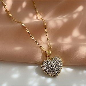 COLAR LONGO PINGENTE CORAÇÃO CRAVEJADO ZIRCÔNIAS DOURADO AÇO 316L⭐️
