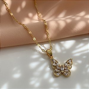 COLAR LONGO PINGENTE BORBOLETA ZIRCÔNIAS DOURADO AÇO 316L⭐️