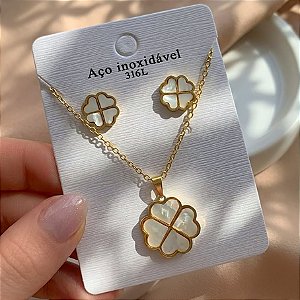 CONJUNTO COLAR E BRINCO TREVO ESMALTADO DOURADO AÇO 316L⭐️