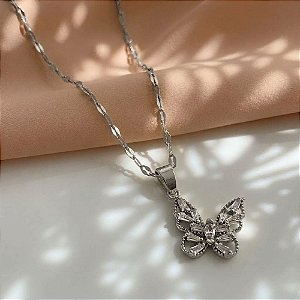 COLAR LONGO PINGENTE BORBOLETA ZIRCÔNIAS AÇO 316L⭐️