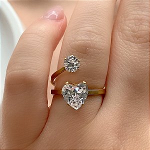 ANEL PEDRAS ZIRCÔNIAS CORAÇÃO DOURADO AÇO 316L⭐️