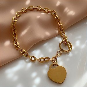 PULSEIRA ELOS GROSSOS FECHO T PINGENTE CORAÇÃO LISO DOURADO AÇO 316L⭐️