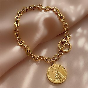 PULSEIRA ELOS GROSSOS FECHO T PINGENTE NOSSA SENHORA DOURADO AÇO 316L⭐️