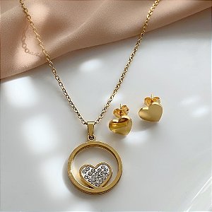 CONJUNTO COLAR E BRINCO ARGOLA CORAÇÃO DOURADO AÇO 316L⭐️