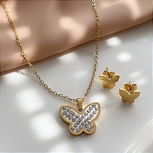 CONJUNTO COLAR E BRINCO BORBOLETA COM ZIRCÔNIAS DOURADO AÇO 316L⭐️