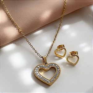 CONJUNTO COLAR E BRINCO CORAÇÃO VAZADO COM ZIRCÔNIAS DOURADO AÇO 316L⭐️