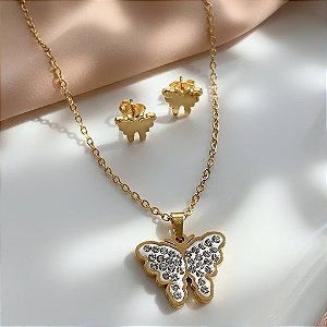 CONJUNTO COLAR E BRINCO BORBOLETA DETALHADA COM ZIRCÔNIAS DOURADO AÇO 316L⭐️