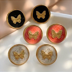 BRINCO BOTÃO BORBOLETA ESMALTADA DOURADO AÇO 316L⭐️(GRUPO 2)