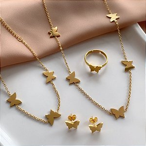 CONJUNTO 4 ACESSÓRIOS BORBOLETAS DOURADO AÇO 316L⭐️