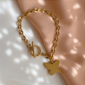 PULSEIRA ELOS GROSSOS FECHO T PINGENTE BORBOLETA LISO DOURADO AÇO 316L⭐️