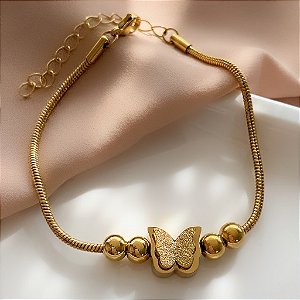 PULSEIRA CORRENTE RABO DE RATO BORBOLETA E BOLINHA DOURADO AÇO 316L⭐️