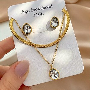 CONJUNTO BRINCO E COLAR DUPLO FITA E PINGENTE GOTA ZIRCÔNIA DOURADO AÇO 316L⭐️