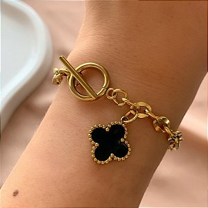PULSEIRA ELOS GROSSOS FECHO T PINGENTE TREVO ESMALTADO DOURADO AÇO 316L⭐️