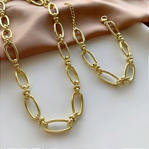 CONJUNTO COLAR E PULSEIRA CORRENTE ELOS OVAIS DOURADO AÇO 316L PREMIUM⭐️
