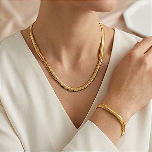 CONJUNTO COLAR E PULSEIRA CORRENTE COBRA GROSSA DOURADO AÇO 316L PREMIUM⭐️