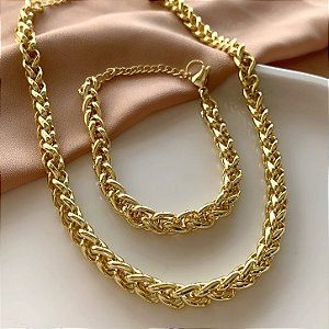 CONJUNTO COLAR E PULSEIRA CORRENTE TRIGO DOURADO AÇO 316L PREMIUM⭐️