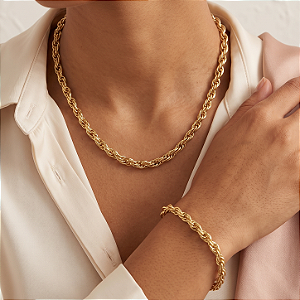 CONJUNTO COLAR E PULSEIRA CORRENTE ELOS TORCIDOS DOURADO AÇO 316L PREMIUM⭐️