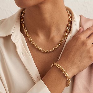 CONJUNTO COLAR E PULSEIRA CORRENTE ELO NÓ OURO LIGHT AÇO 316L PREMIUM⭐️