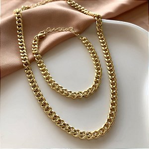 CONJUNTO COLAR E PULSEIRA CORRENTE GROSSA DOURADO AÇO 316L PREMIUM⭐️