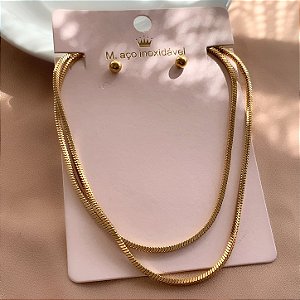 CONJUNTO BRINCO E COLAR CORRENTE QUADRADA DUPLA DOURADO AÇO 316L PREMIUM⭐️