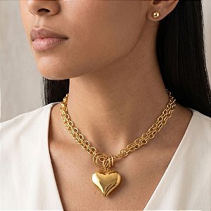CONJUNTO BRINCO E COLAR CORRENTES PINGENTE CORAÇÃO G DOURADO AÇO 316L PREMIUM⭐️