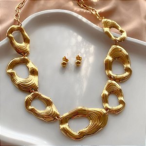 CONJUNTO BRINCO E COLAR FORMAS ORGÂNICAS DOURADO AÇO 316L PREMIUM⭐️