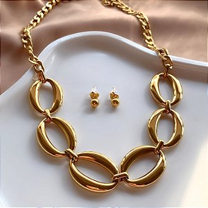 CONJUNTO BRINCO E COLAR ELOS OVAIS ROBUSTOS DOURADO AÇO 316L PREMIUM⭐️
