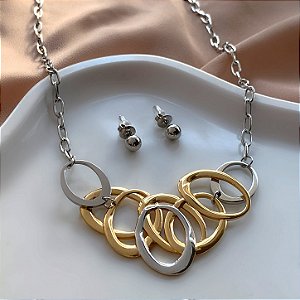 CONJUNTO BRINCO E COLAR ELOS BICOLOR DOURADO AÇO 316L PREMIUM⭐️