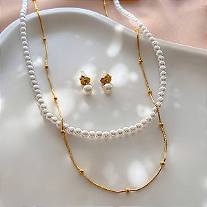 CONJUNTO BRINCO E COLAR DUPLO CORRENTE BOLINHAS E PÉROLAS DOURADO AÇO 316L PREMIUM⭐️